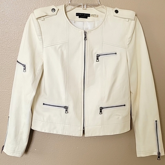 Alice + Olivia Womens Butter Yellow Cream Cam Lamb Leather Biker Jacket - Picture 1 of 16
